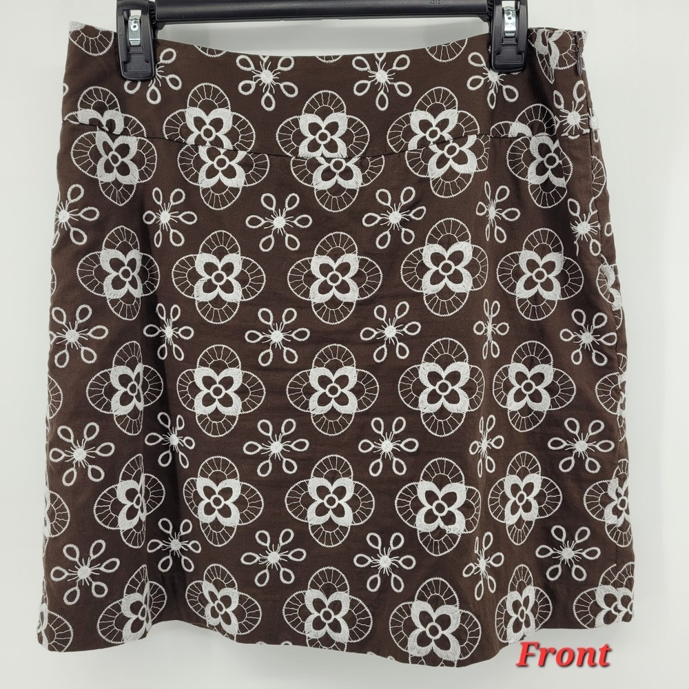 Ann Taylor LOFT Size 6 Brown‎ Embroidered Floral Mini Skirt Side Zip Cotton